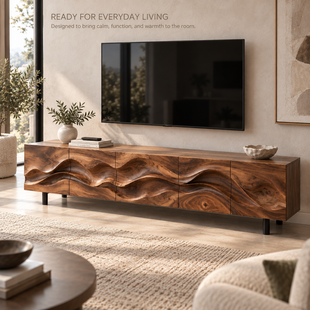 Alden Sculptural Solid Wood TV Stand - Design 092 - product detail and styling view 6