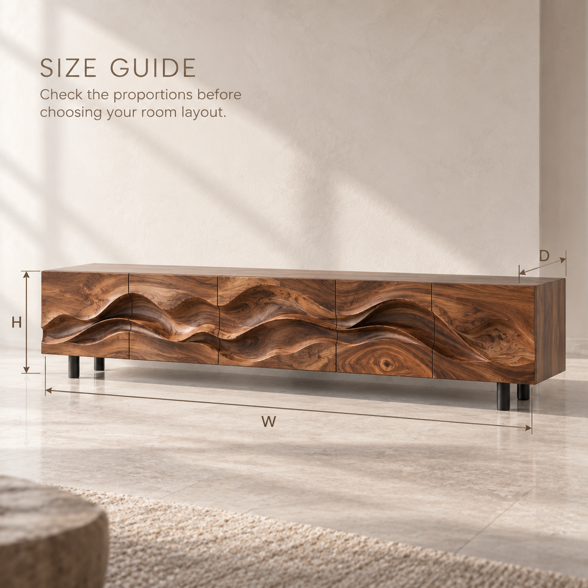 Alden Sculptural Solid Wood TV Stand - Design 092 - product detail and styling view 7