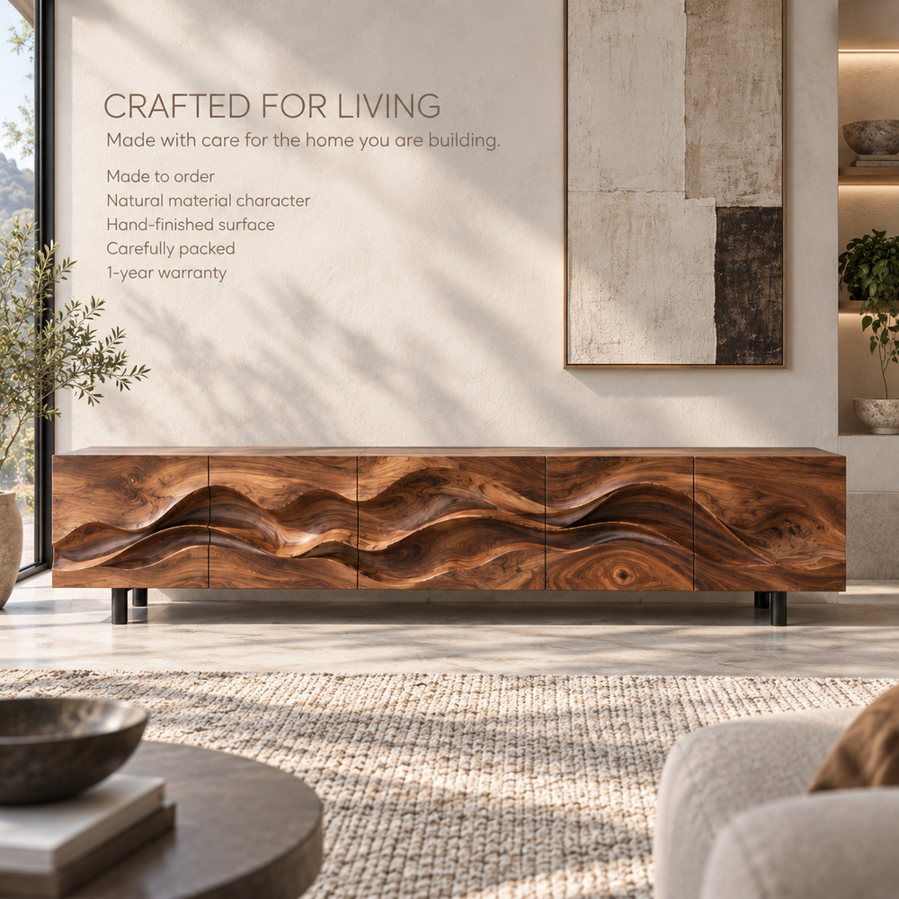 Alden Sculptural Solid Wood TV Stand - Design 092 - product detail and styling view 8