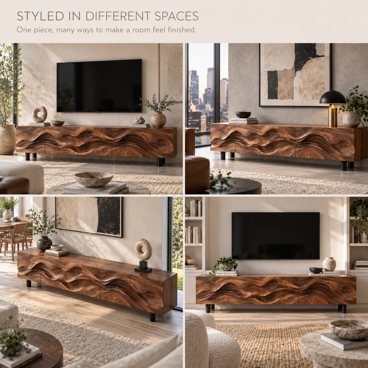 Alden Sculptural Solid Wood TV Stand - Design 092 - product detail and styling view 9