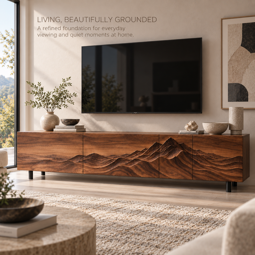 Eira Sculptural Solid Wood TV Stand - Design 093 - main lifestyle view