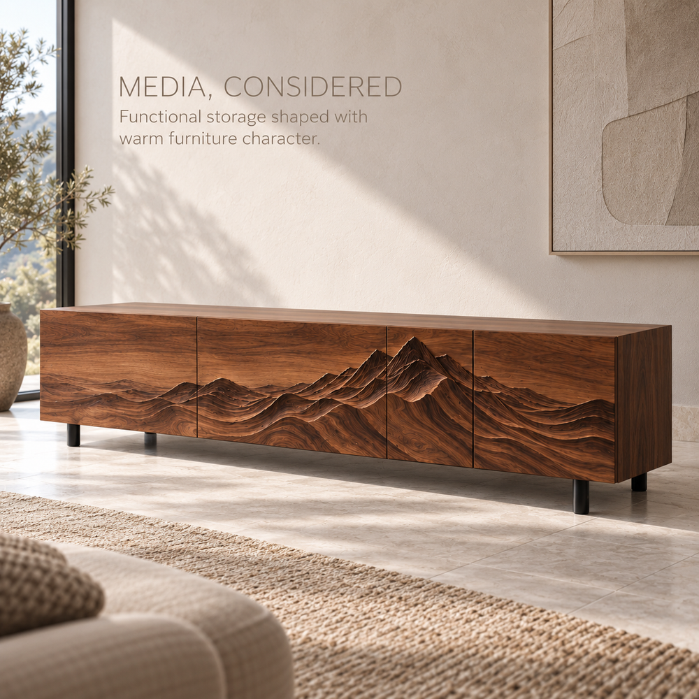 Eira Sculptural Solid Wood TV Stand - Design 093 - product detail and styling view 2