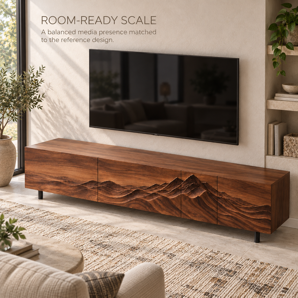 Eira Sculptural Solid Wood TV Stand - Design 093 - product detail and styling view 3