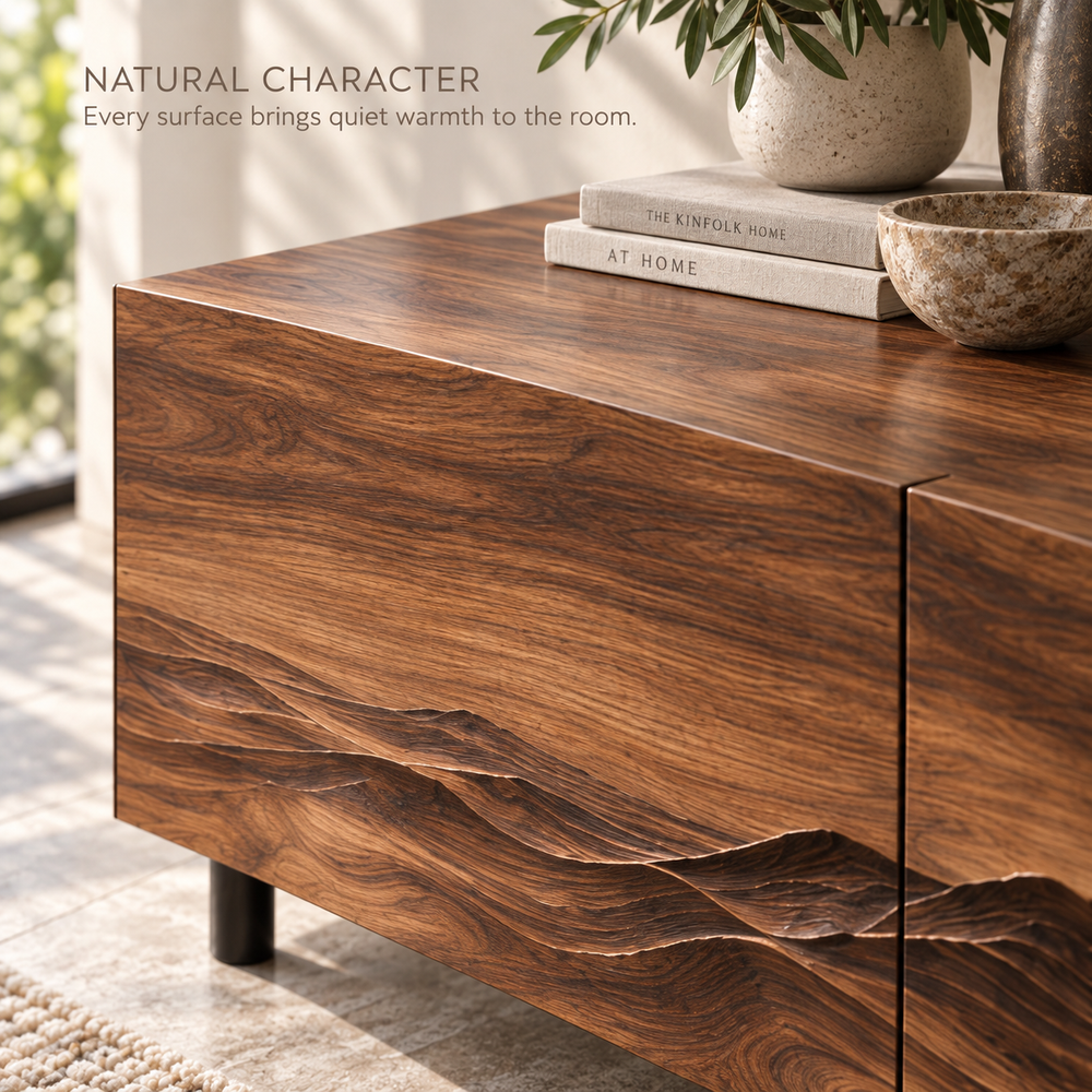 Eira Sculptural Solid Wood TV Stand - Design 093 - product detail and styling view 4