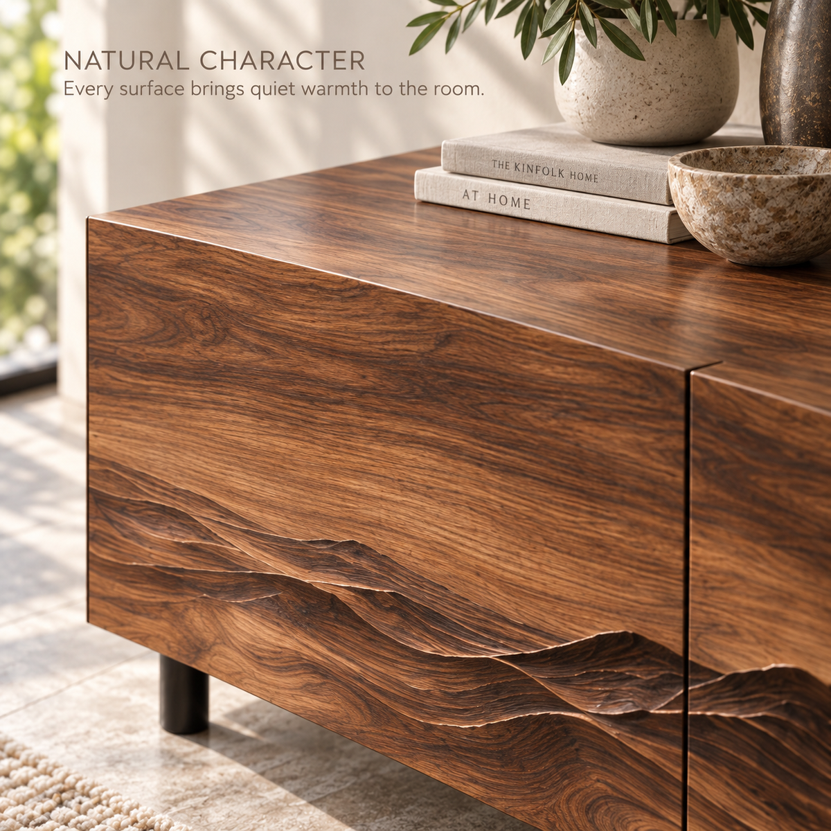 Eira Sculptural Solid Wood TV Stand - Design 093 - product detail and styling view 4