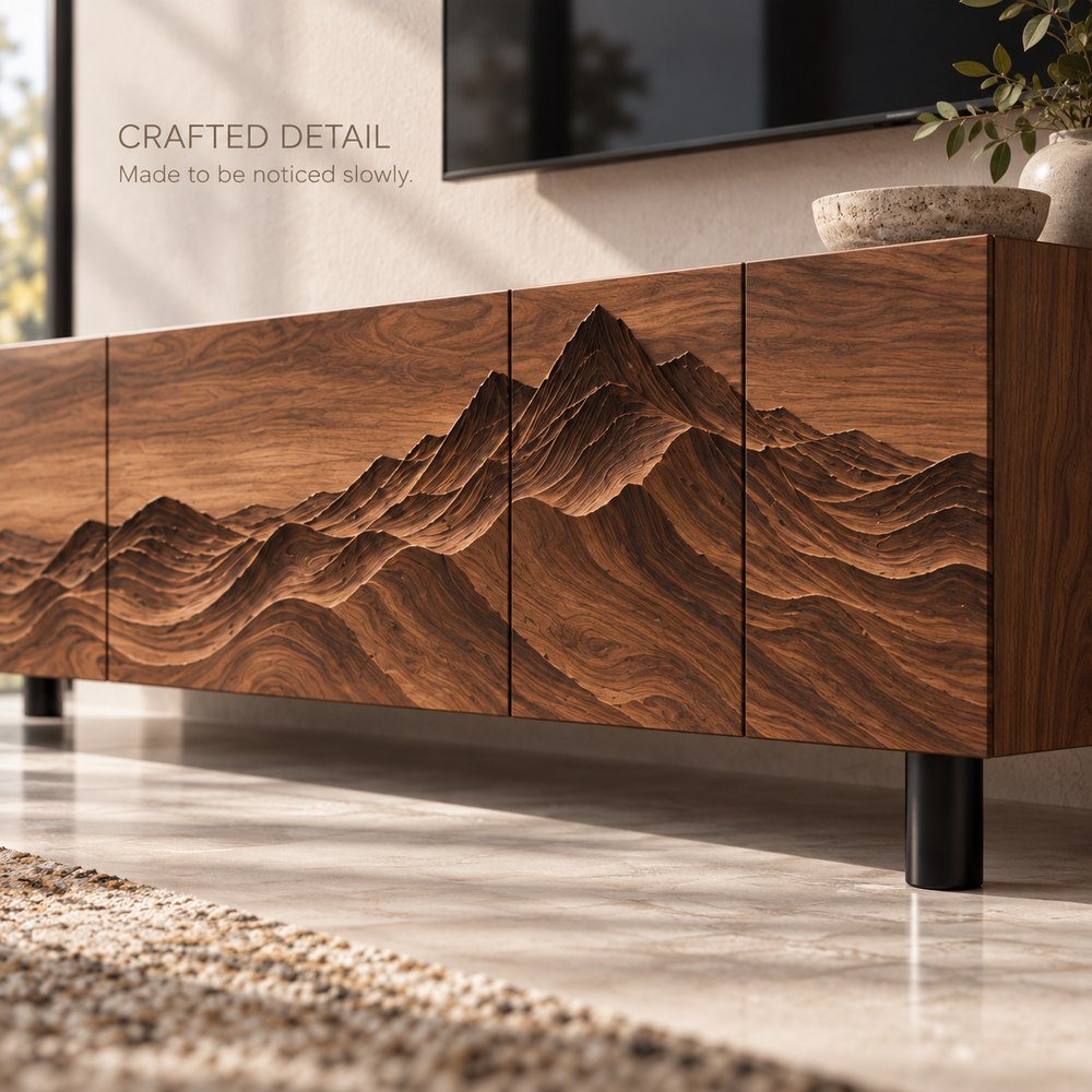 Eira Sculptural Solid Wood TV Stand - Design 093 - product detail and styling view 5