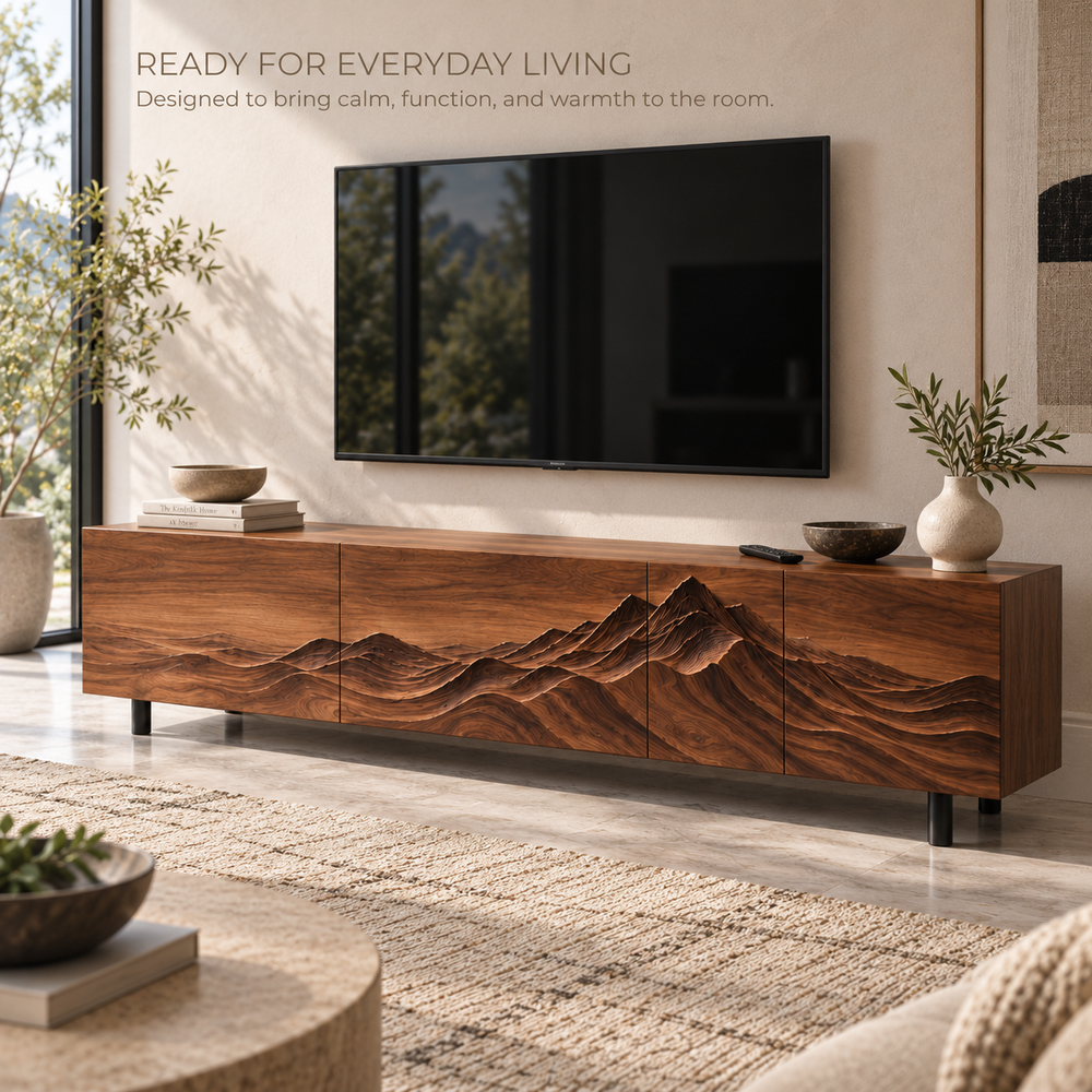 Eira Sculptural Solid Wood TV Stand - Design 093 - product detail and styling view 6