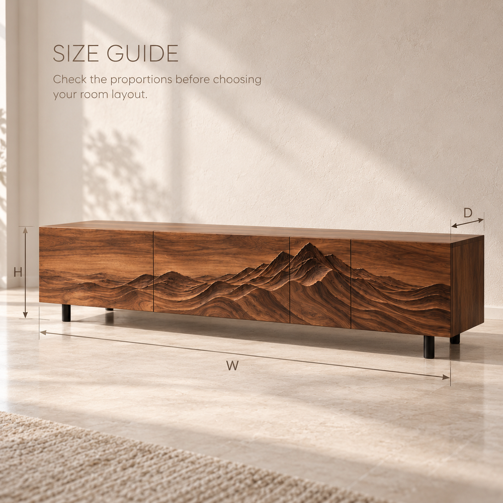 Eira Sculptural Solid Wood TV Stand - Design 093 - product detail and styling view 7