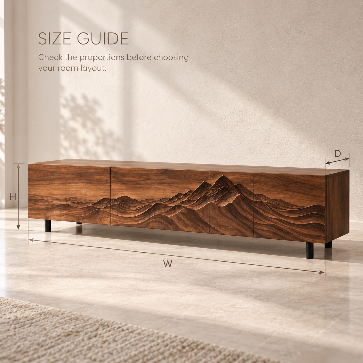 Eira Sculptural Solid Wood TV Stand - Design 093 - product detail and styling view 7