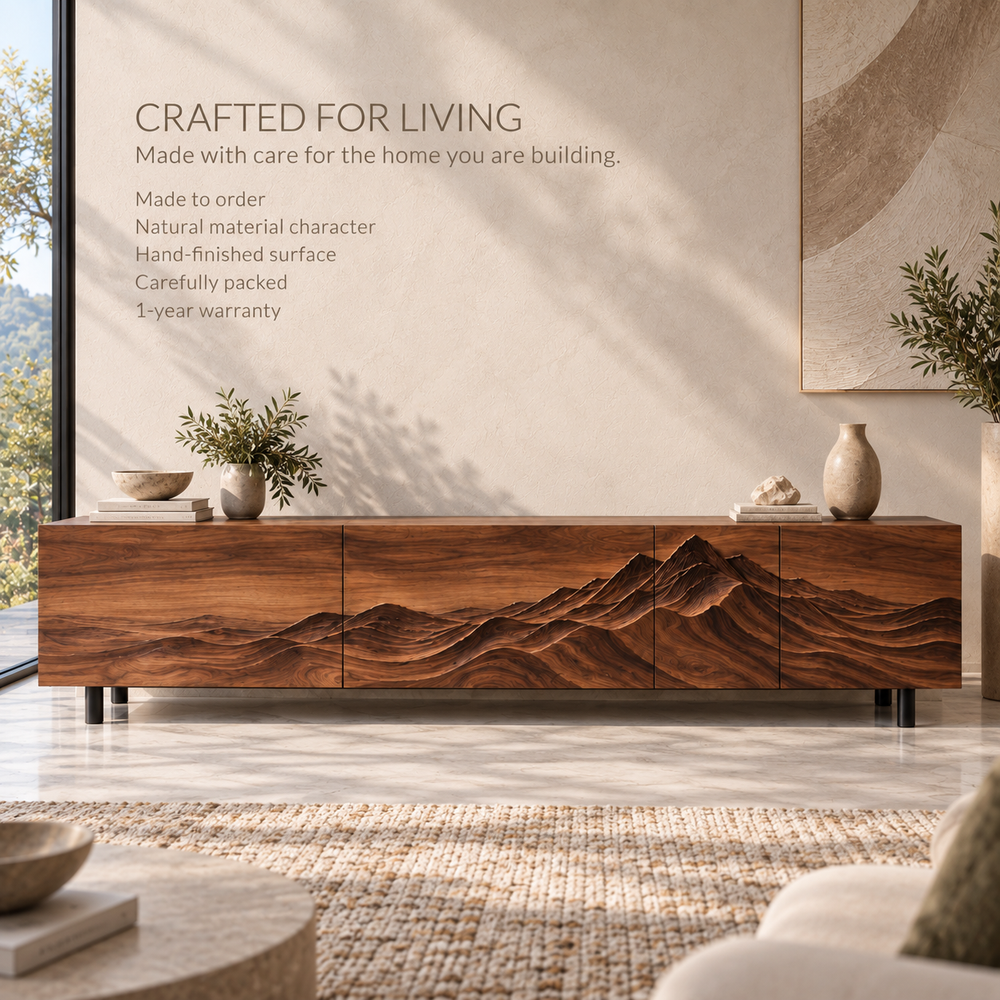 Eira Sculptural Solid Wood TV Stand - Design 093 - product detail and styling view 8
