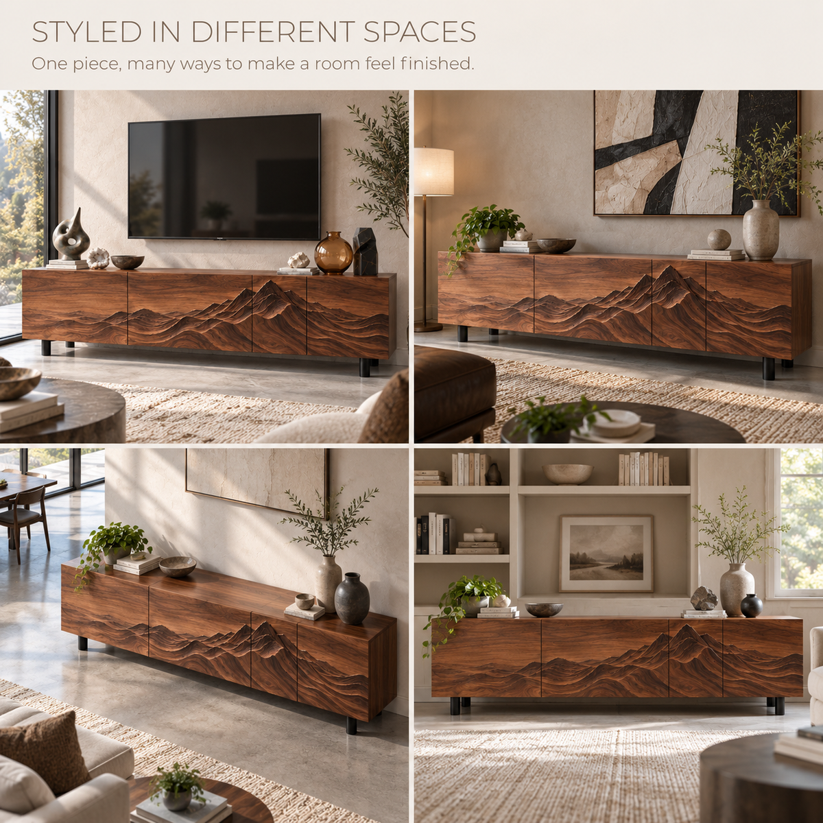 Eira Sculptural Solid Wood TV Stand - Design 093 - product detail and styling view 9
