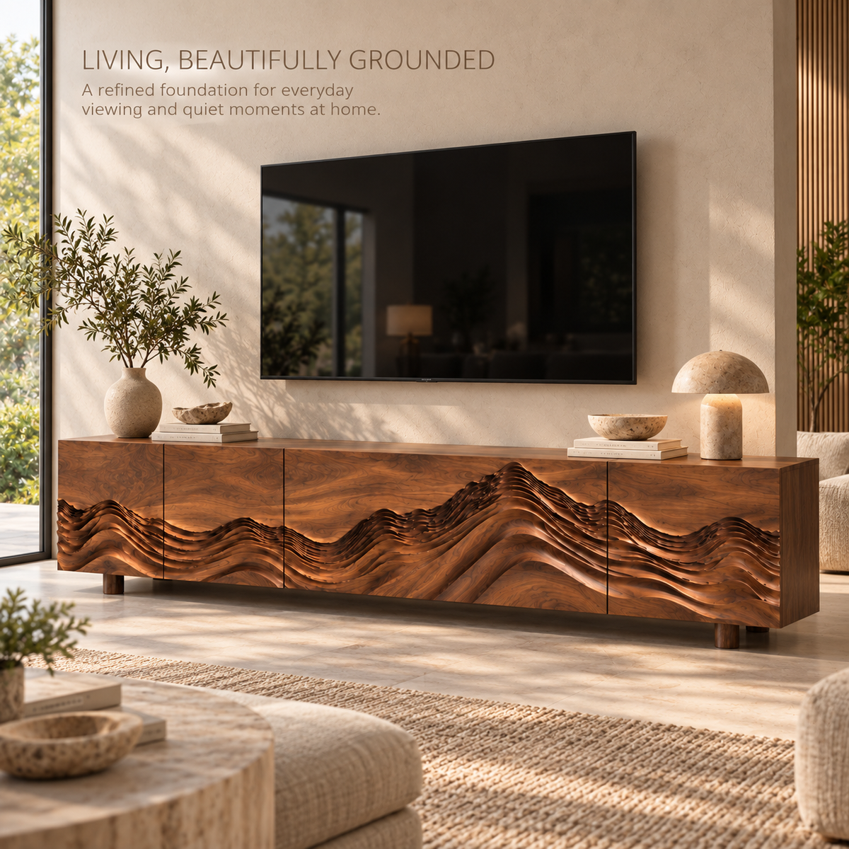 Kaia Sculptural Solid Wood TV Stand - Design 094 - main lifestyle view