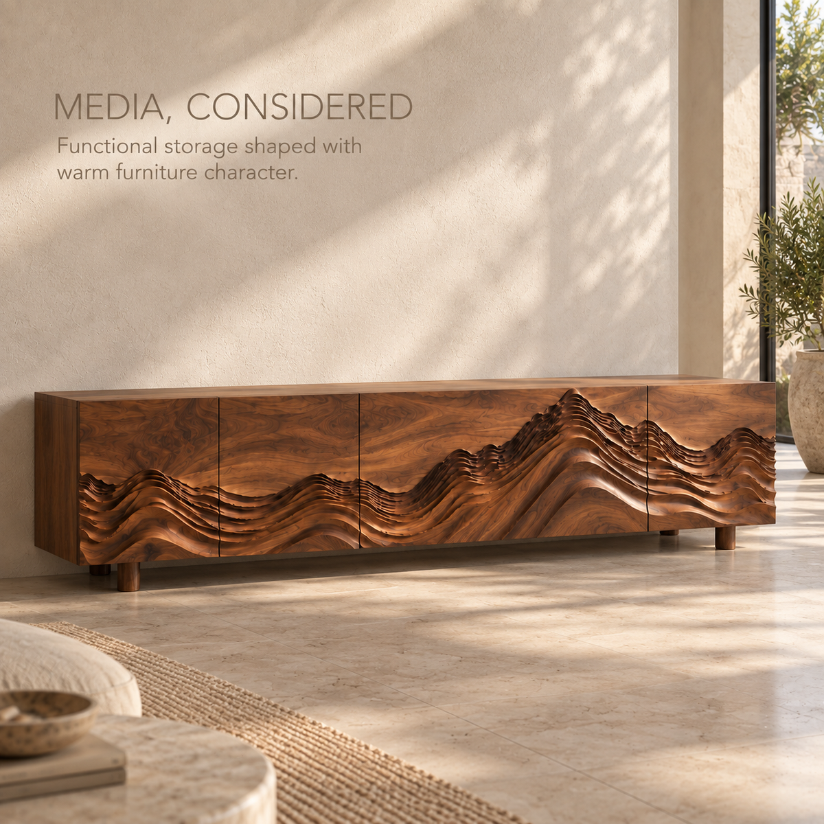 Kaia Sculptural Solid Wood TV Stand - Design 094 - product detail and styling view 2