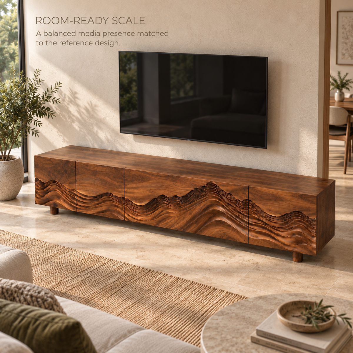 Kaia Sculptural Solid Wood TV Stand - Design 094 - product detail and styling view 3
