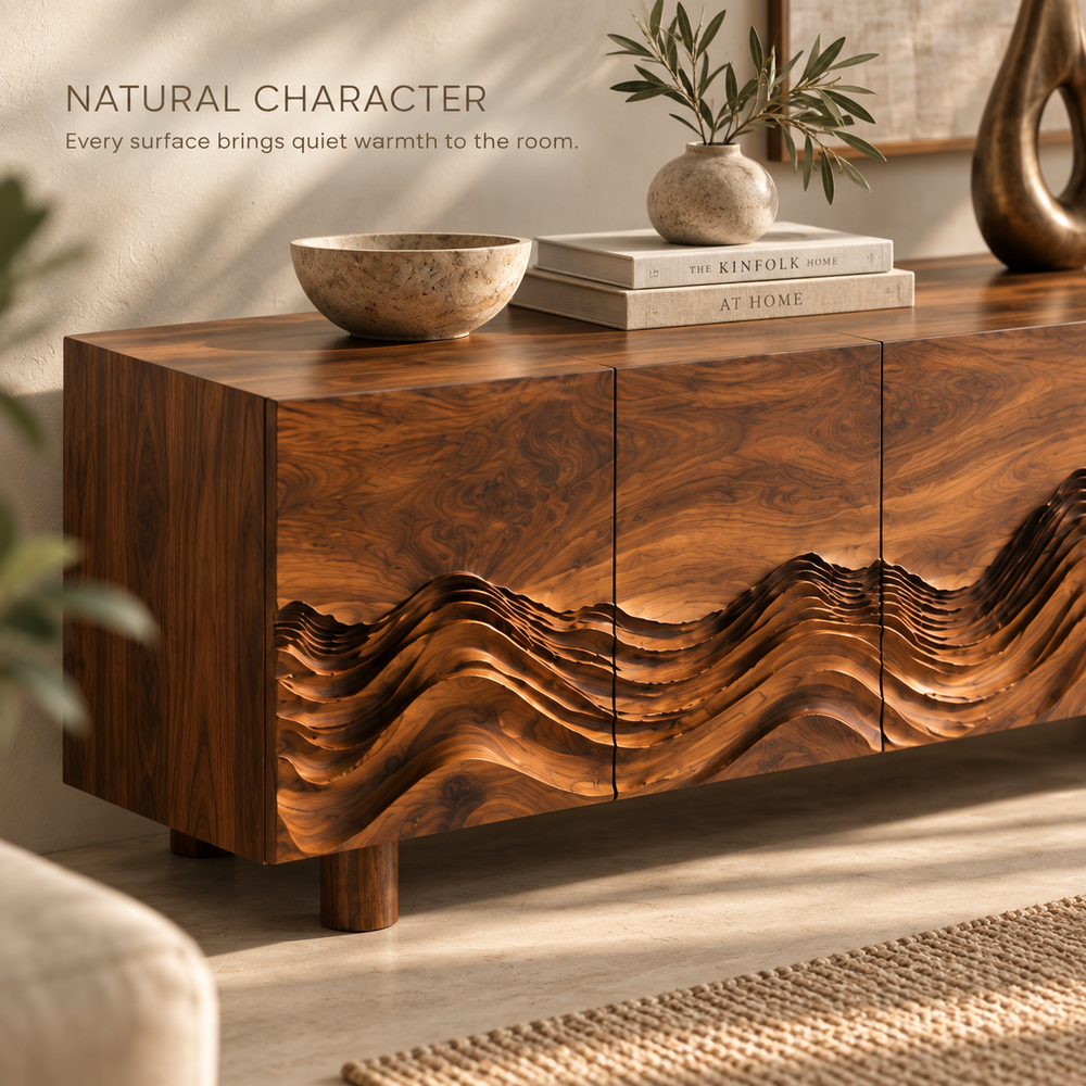 Kaia Sculptural Solid Wood TV Stand - Design 094 - product detail and styling view 4