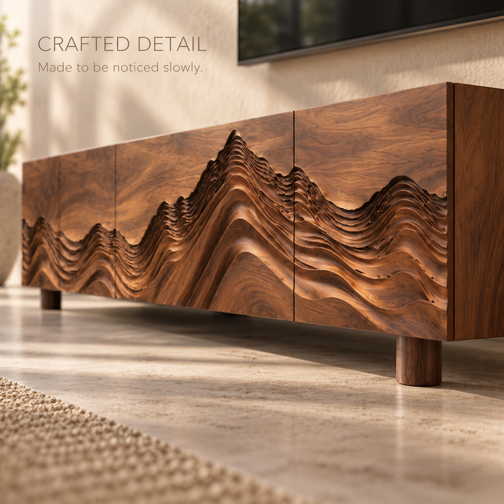 Kaia Sculptural Solid Wood TV Stand - Design 094 - product detail and styling view 5