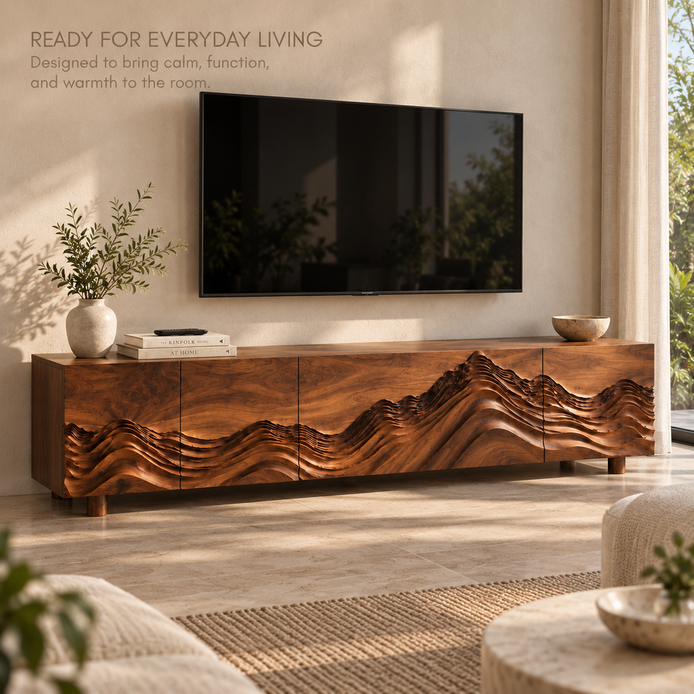 Kaia Sculptural Solid Wood TV Stand - Design 094 - product detail and styling view 6