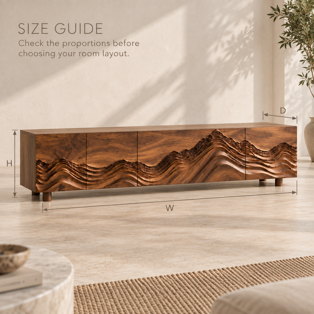 Kaia Sculptural Solid Wood TV Stand - Design 094 - product detail and styling view 7