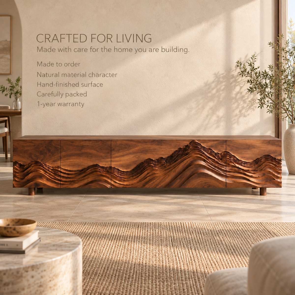 Kaia Sculptural Solid Wood TV Stand - Design 094 - product detail and styling view 8