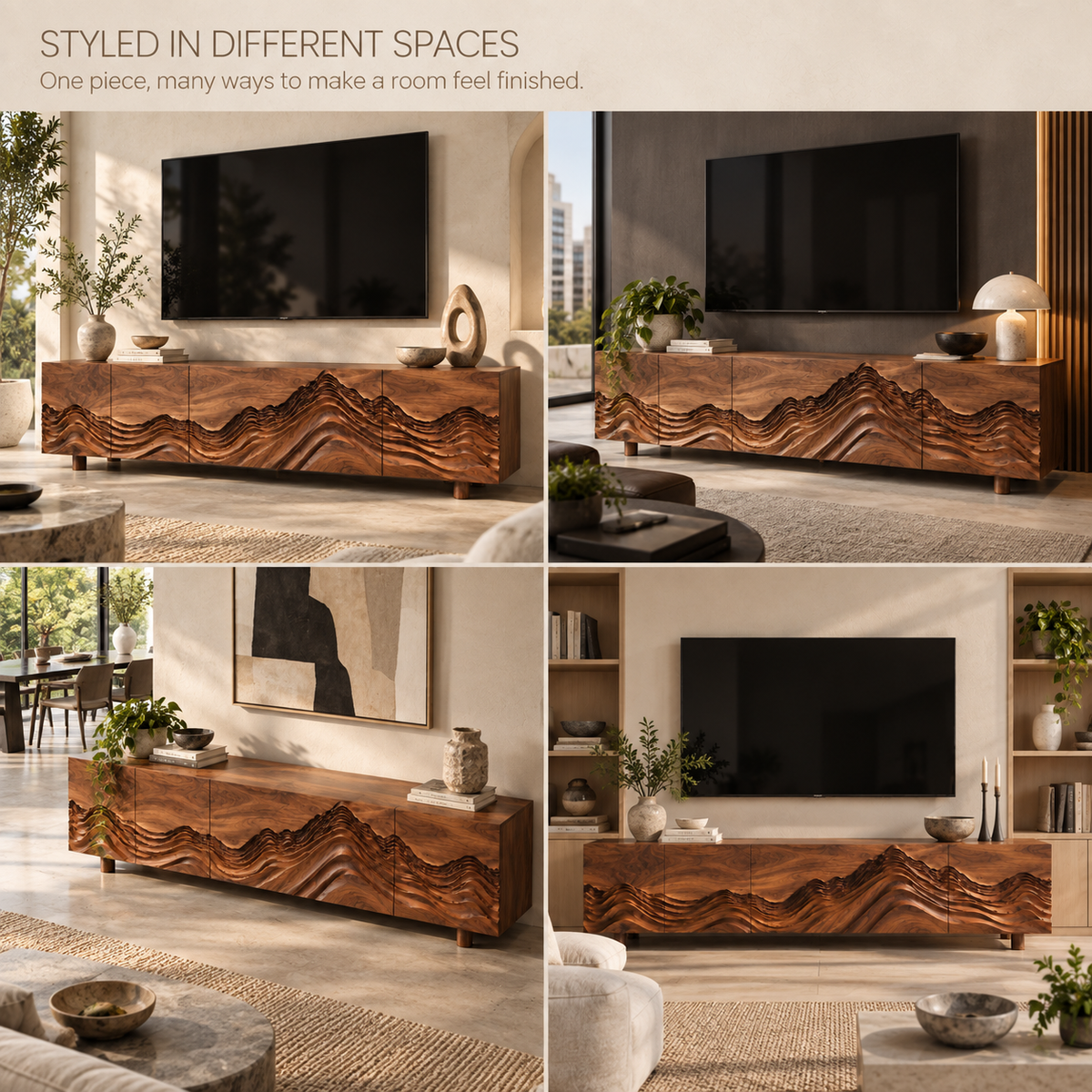 Kaia Sculptural Solid Wood TV Stand - Design 094 - product detail and styling view 9
