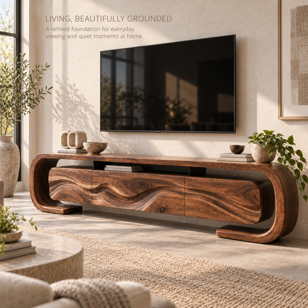 Remy Sculptural Solid Wood TV Stand - Design 095 - main lifestyle view
