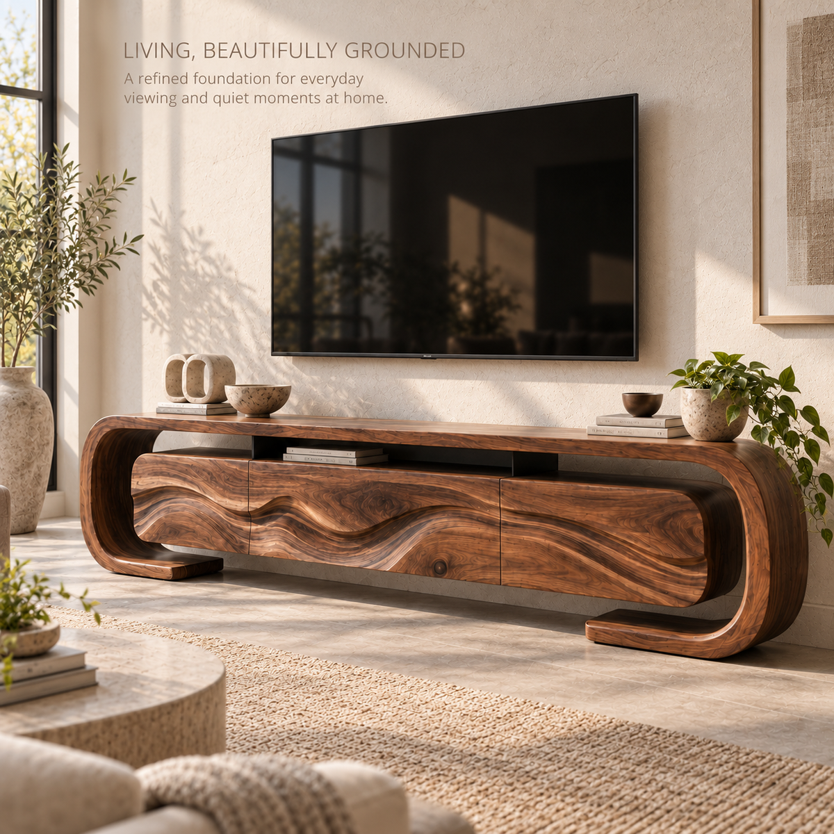Remy Sculptural Solid Wood TV Stand - Design 095 - main lifestyle view