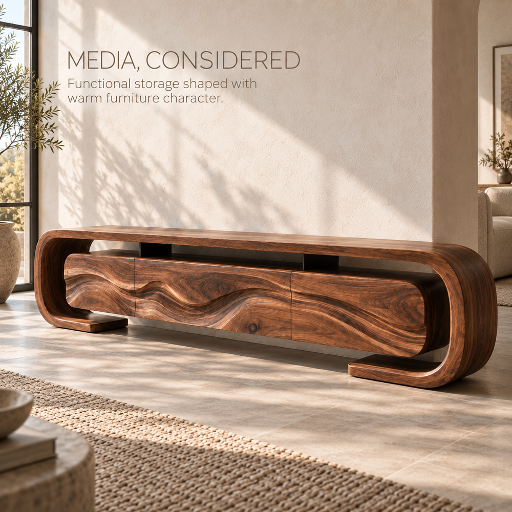 Remy Sculptural Solid Wood TV Stand - Design 095 - product detail and styling view 2