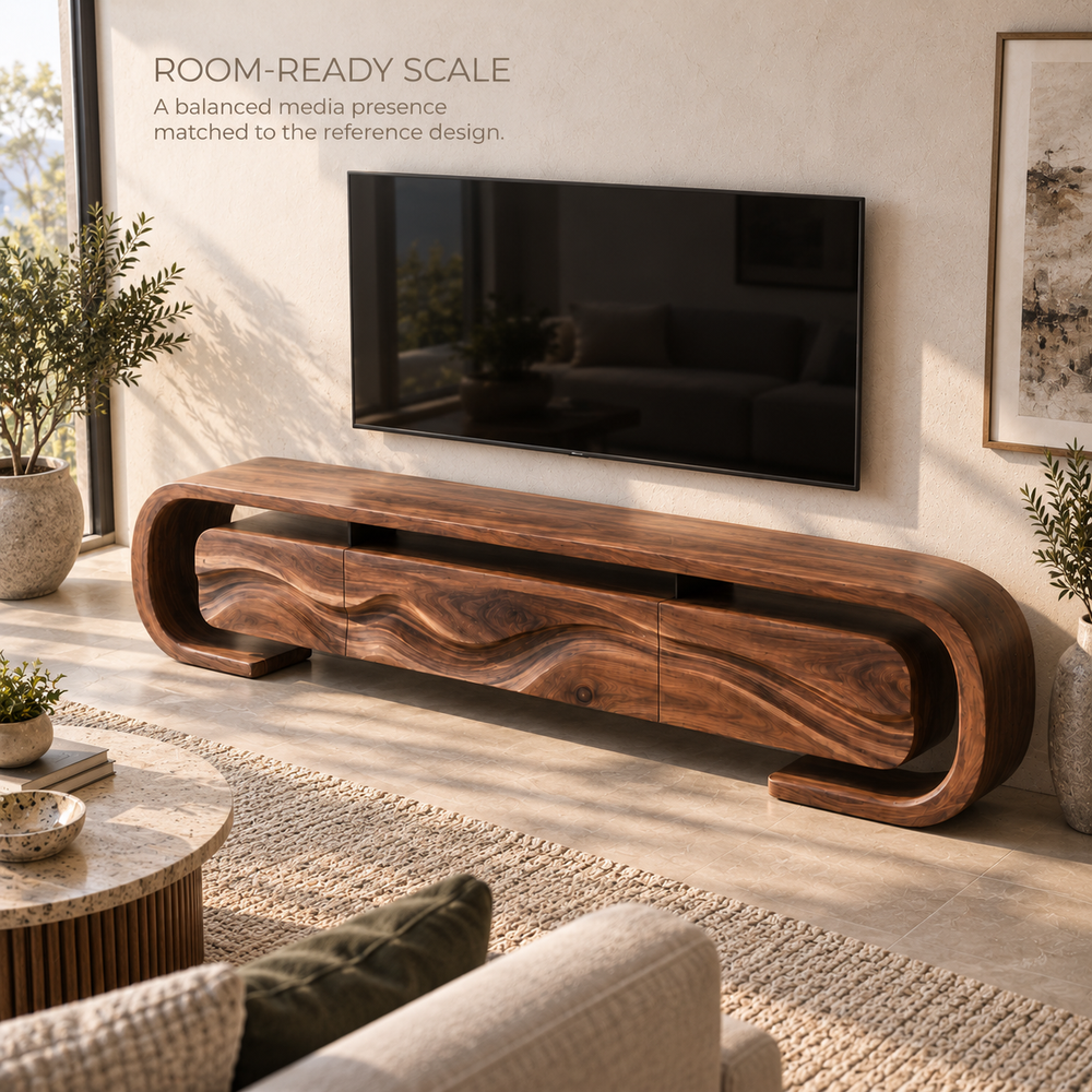 Remy Sculptural Solid Wood TV Stand - Design 095 - product detail and styling view 3