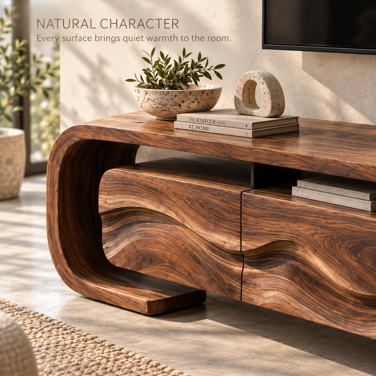 Remy Sculptural Solid Wood TV Stand - Design 095 - product detail and styling view 4