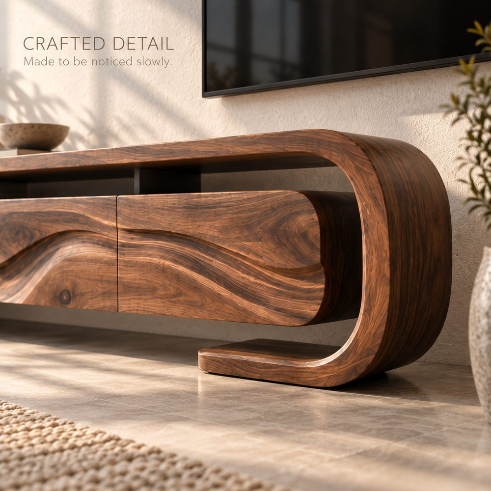 Remy Sculptural Solid Wood TV Stand - Design 095 - product detail and styling view 5
