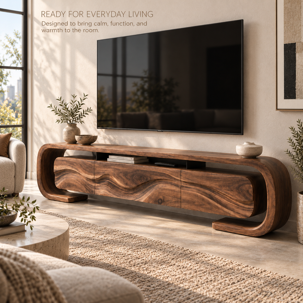 Remy Sculptural Solid Wood TV Stand - Design 095 - product detail and styling view 6