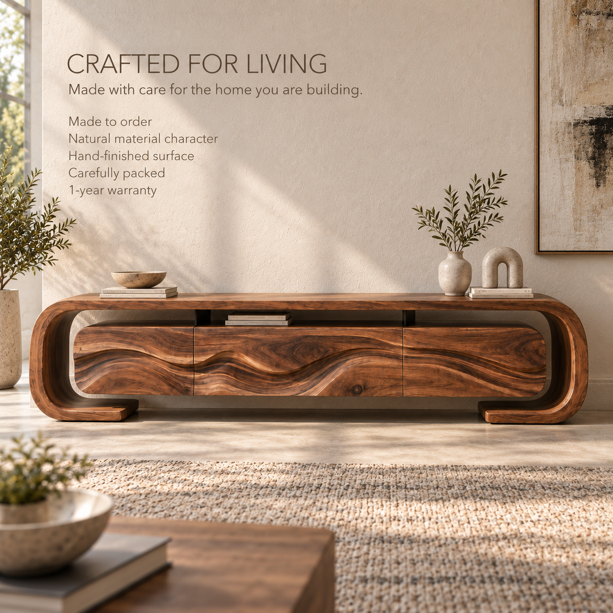 Remy Sculptural Solid Wood TV Stand - Design 095 - product detail and styling view 8