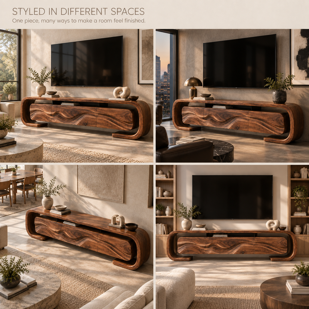 Remy Sculptural Solid Wood TV Stand - Design 095 - product detail and styling view 9