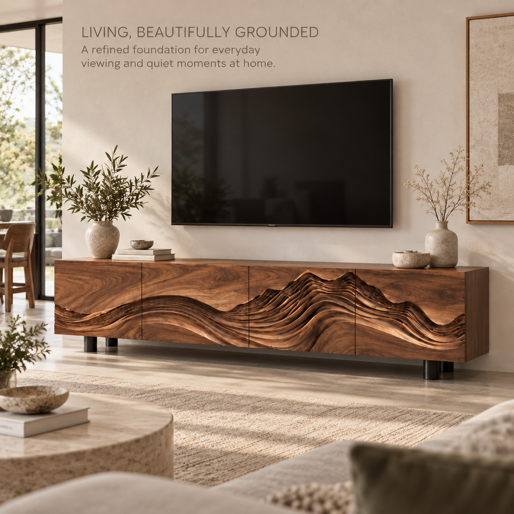 Brisa Sculptural Solid Wood TV Stand - Design 096 - main lifestyle view