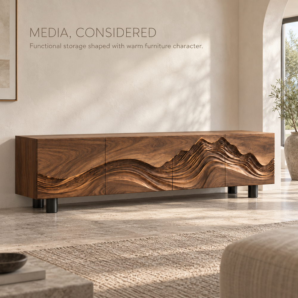 Brisa Sculptural Solid Wood TV Stand - Design 096 - product detail and styling view 2