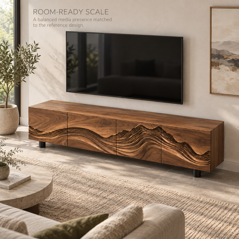 Brisa Sculptural Solid Wood TV Stand - Design 096 - product detail and styling view 3