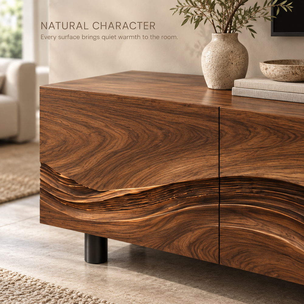 Brisa Sculptural Solid Wood TV Stand - Design 096 - product detail and styling view 4
