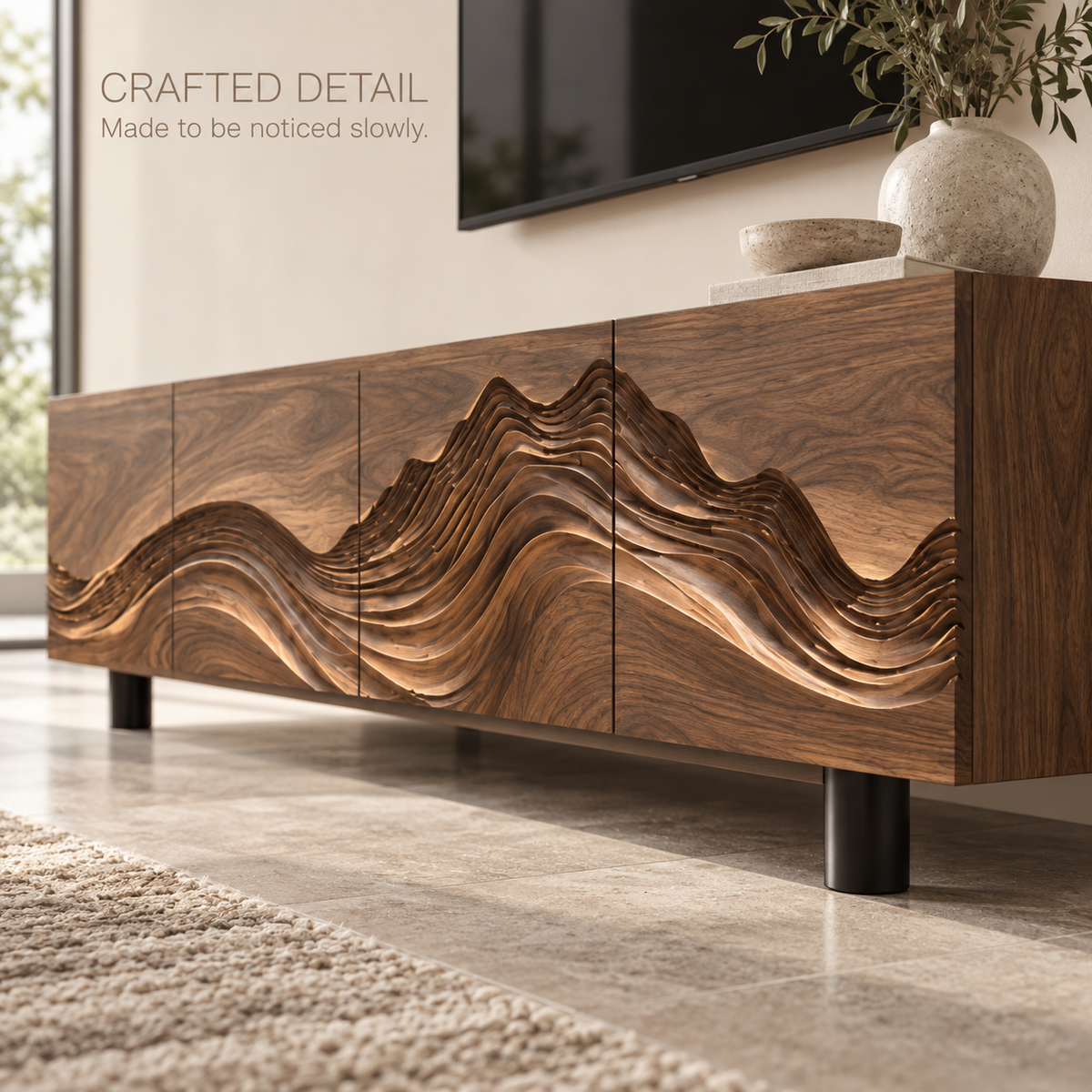 Brisa Sculptural Solid Wood TV Stand - Design 096 - product detail and styling view 5