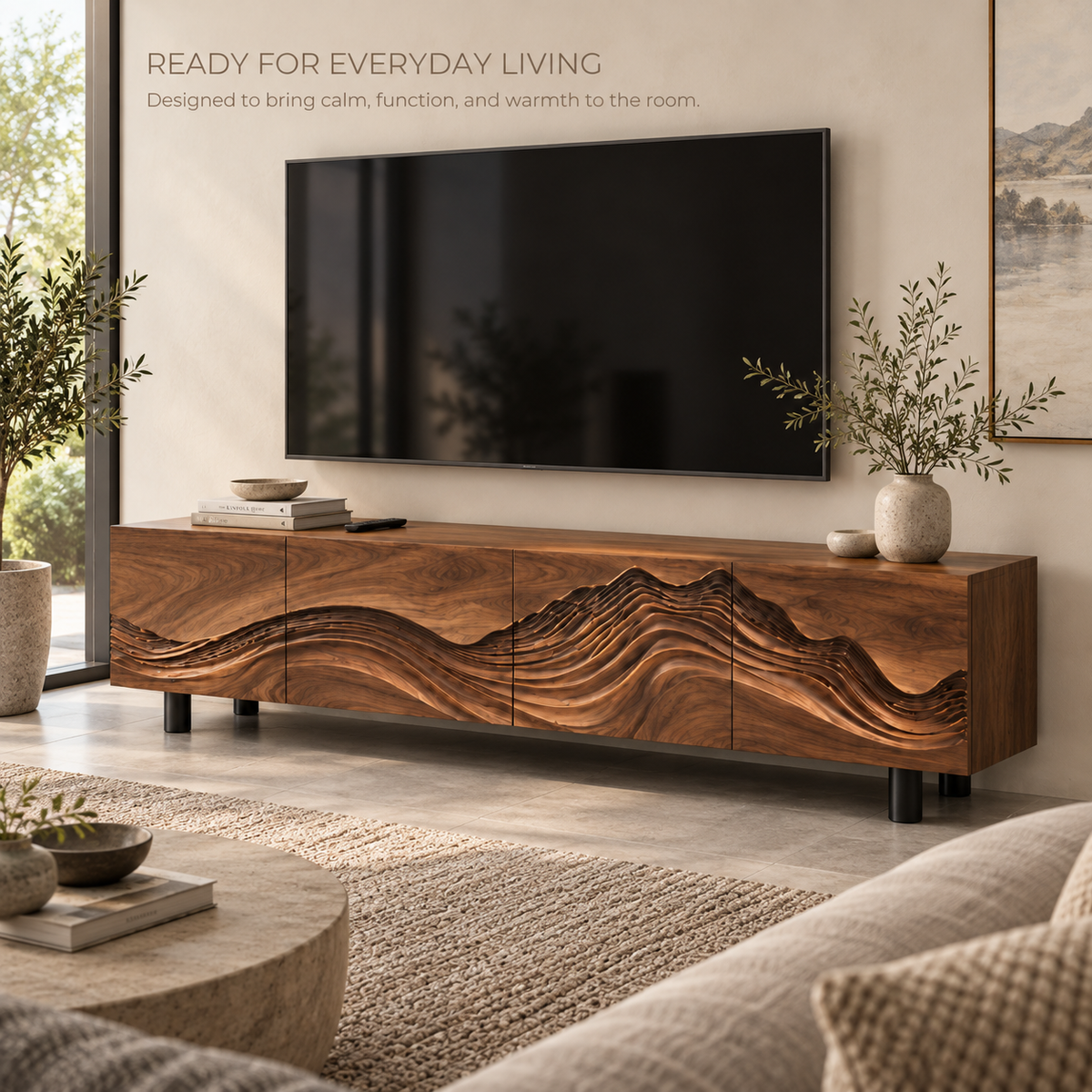 Brisa Sculptural Solid Wood TV Stand - Design 096 - product detail and styling view 6