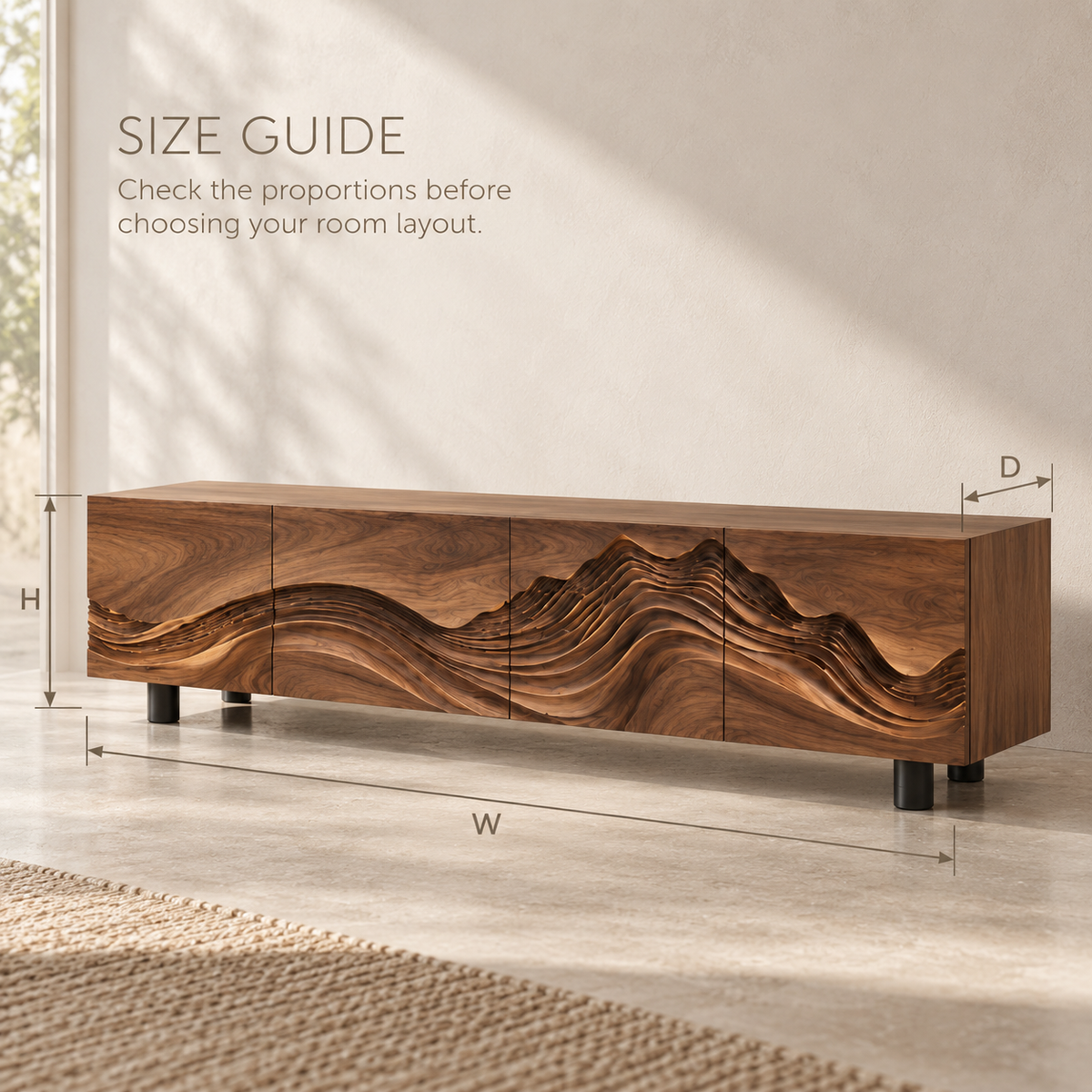 Brisa Sculptural Solid Wood TV Stand - Design 096 - product detail and styling view 7