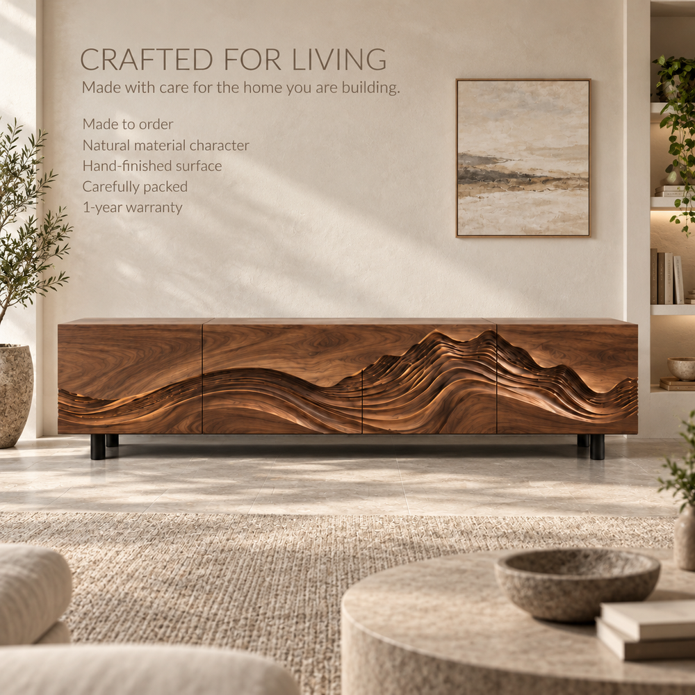 Brisa Sculptural Solid Wood TV Stand - Design 096 - product detail and styling view 8