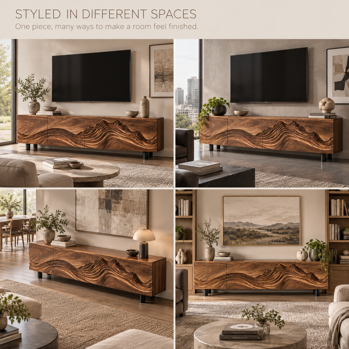 Brisa Sculptural Solid Wood TV Stand - Design 096 - product detail and styling view 9