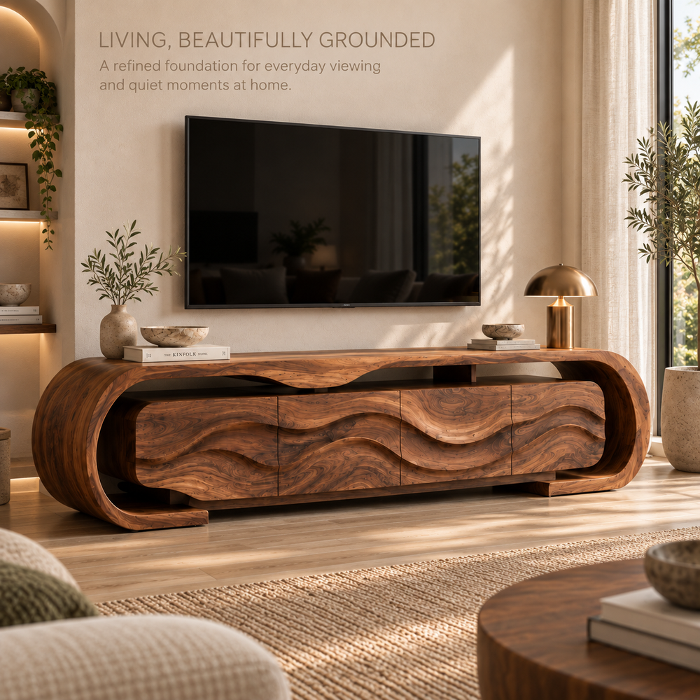 Maren Sculptural Solid Wood TV Stand - Design 097 - main lifestyle view