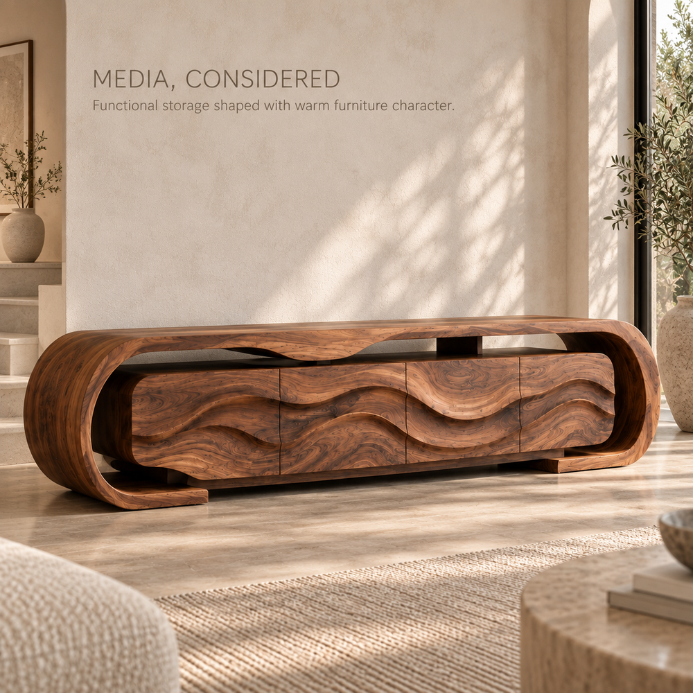 Maren Sculptural Solid Wood TV Stand - Design 097 - product detail and styling view 2
