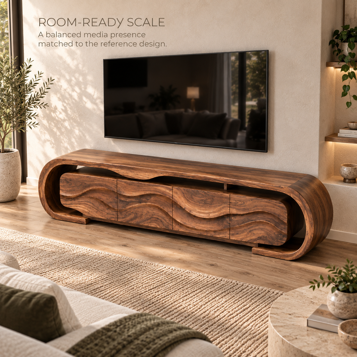 Maren Sculptural Solid Wood TV Stand - Design 097 - product detail and styling view 3