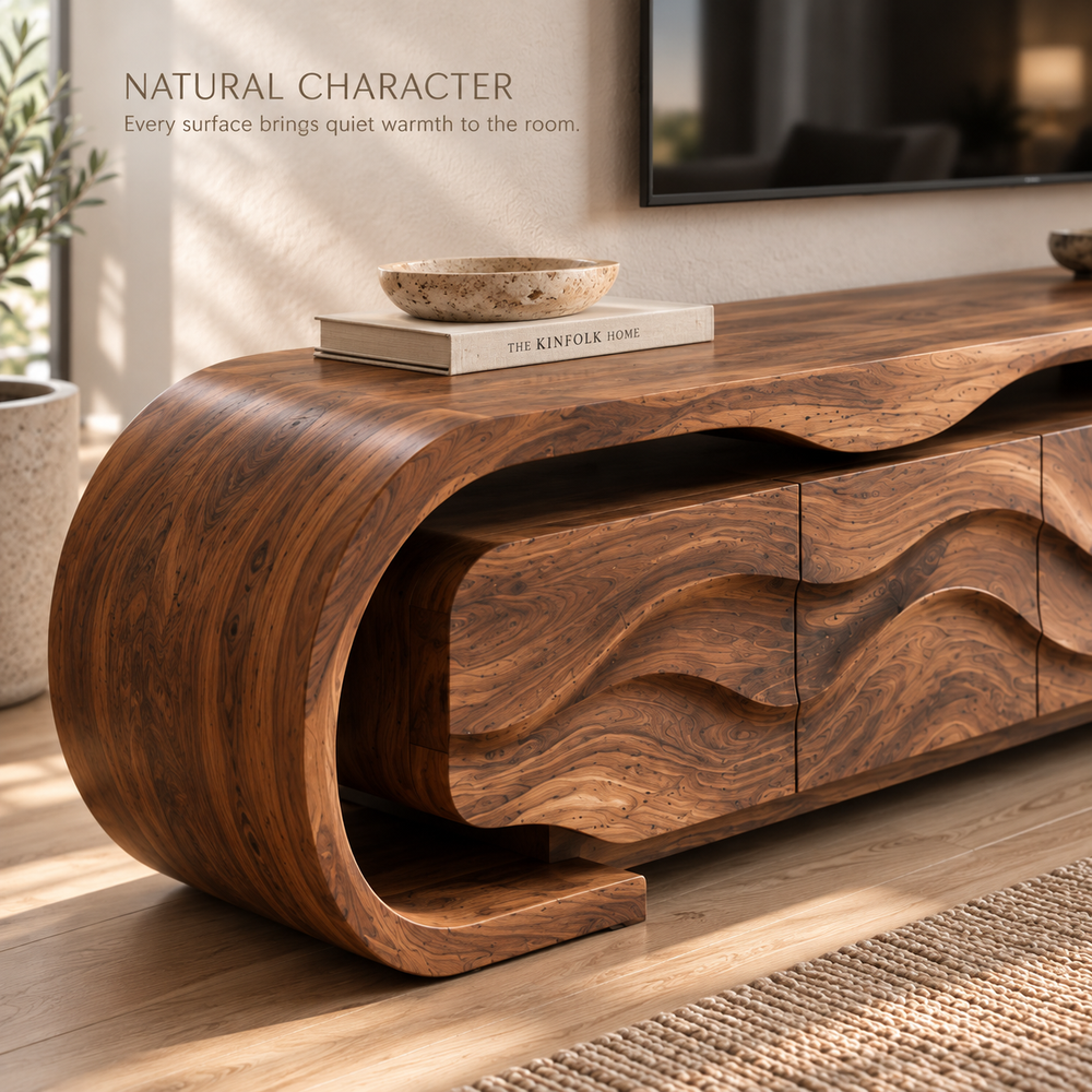 Maren Sculptural Solid Wood TV Stand - Design 097 - product detail and styling view 4