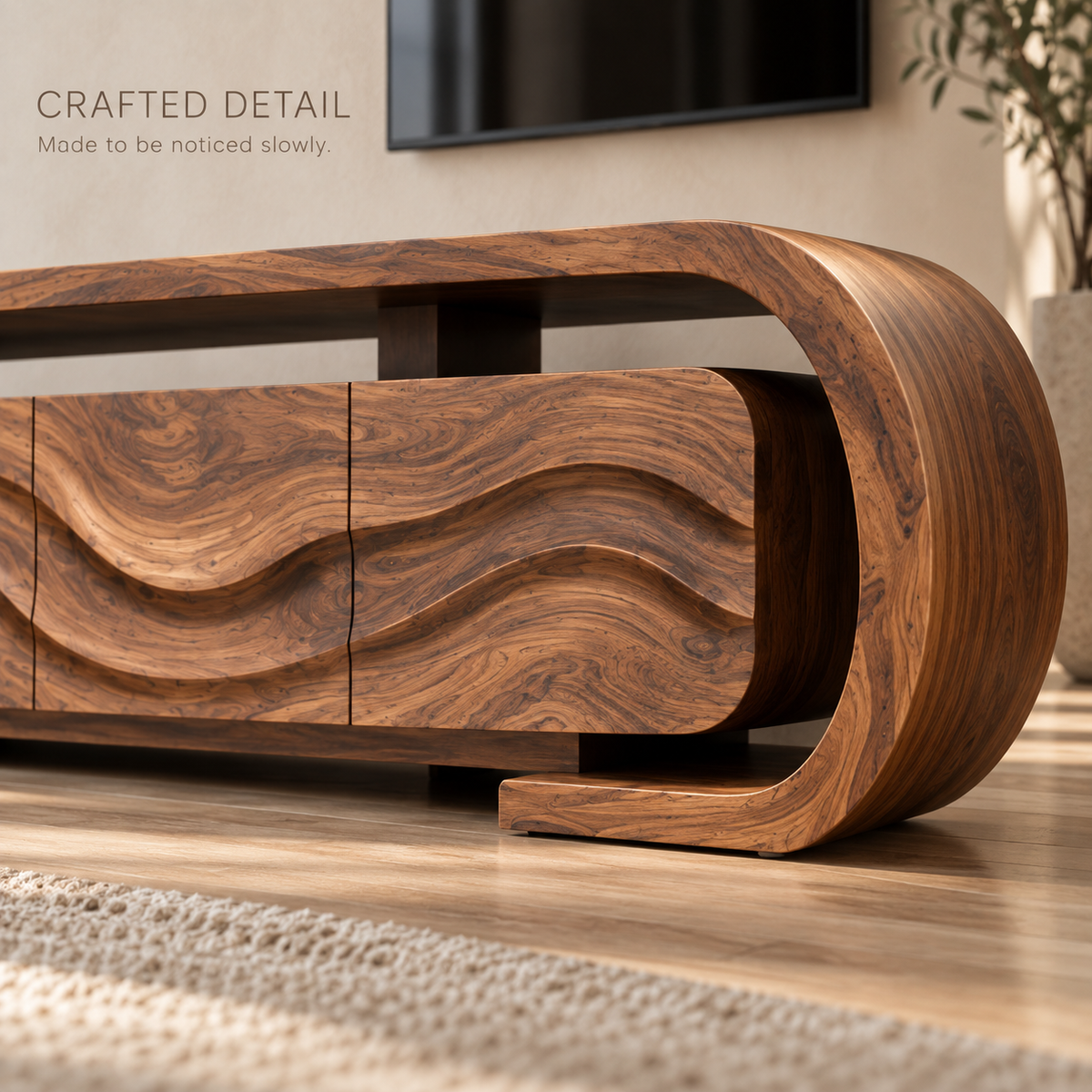 Maren Sculptural Solid Wood TV Stand - Design 097 - product detail and styling view 5
