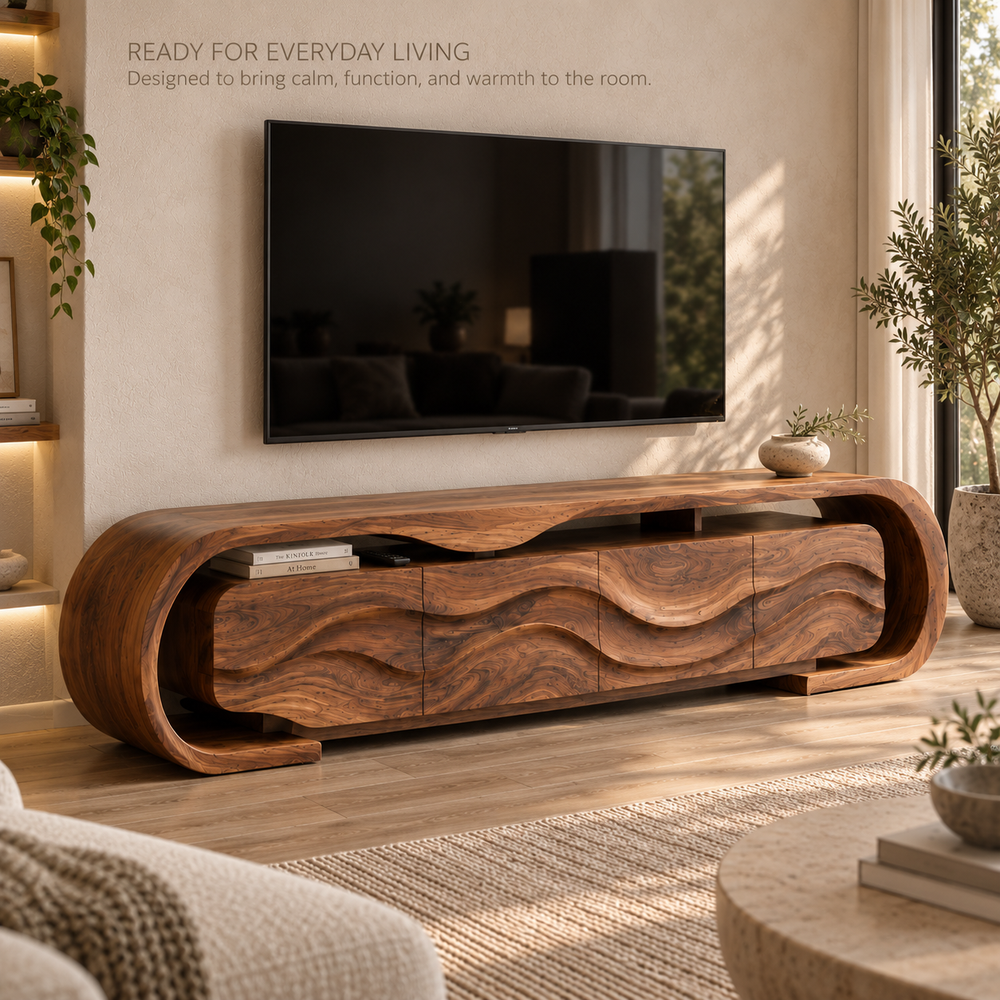 Maren Sculptural Solid Wood TV Stand - Design 097 - product detail and styling view 6