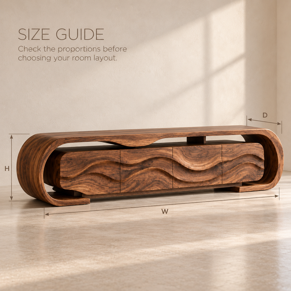 Maren Sculptural Solid Wood TV Stand - Design 097 - product detail and styling view 7