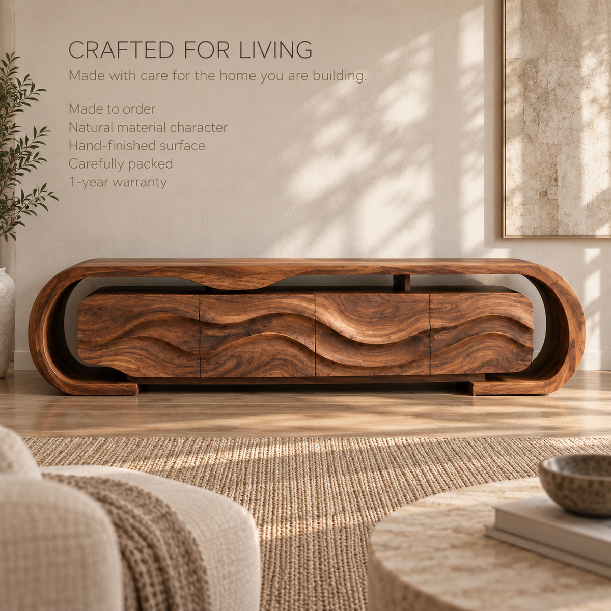 Maren Sculptural Solid Wood TV Stand - Design 097 - product detail and styling view 8